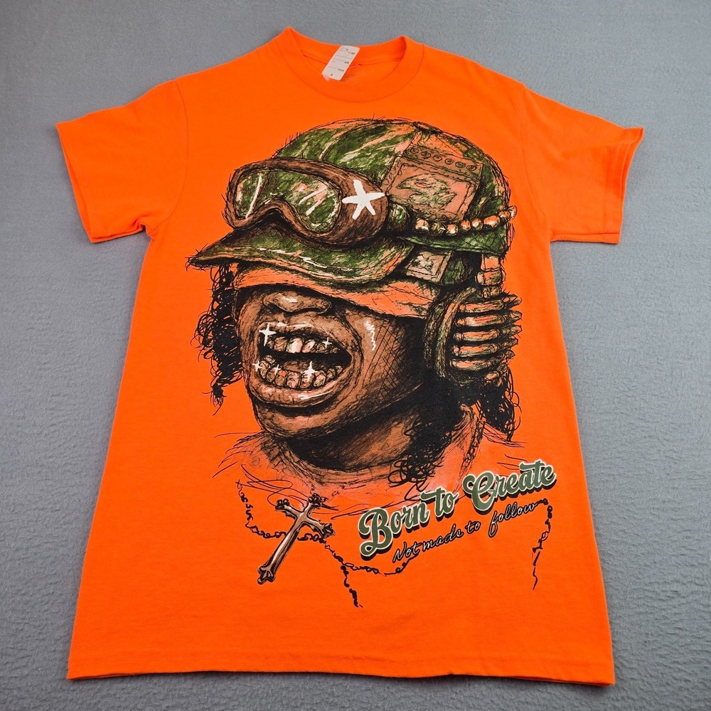 3Forty Inc Orange Graphic T-Shirt Small Born to Create Streetwear Grunge Cotton
